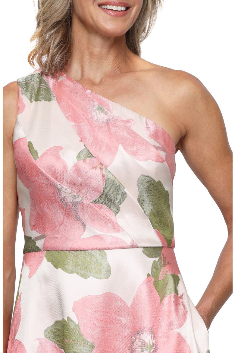 Print Jacquard One-Shoulder Gown, Alternate, color, CORAL