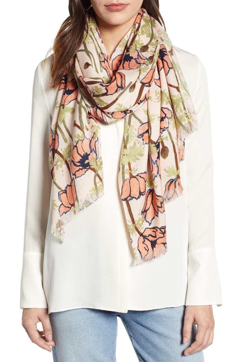 Tory Burch Poppies Bloom Wool & Silk Scarf, Main, color, 