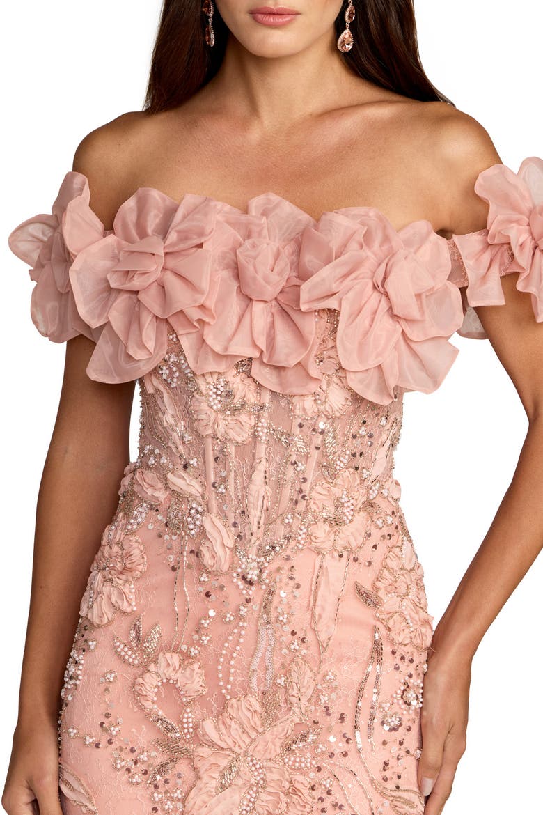 3D Floral Embellished Off The Shoulder Mermaid Gown, Alternate, color, Blush