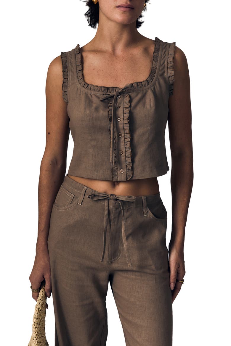 Ruffle Trim Linen Blend Crop Tank, Main, color, DRIFTWOOD