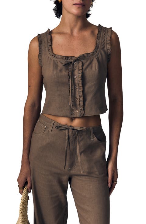Ruffle Trim Linen Blend Crop Tank