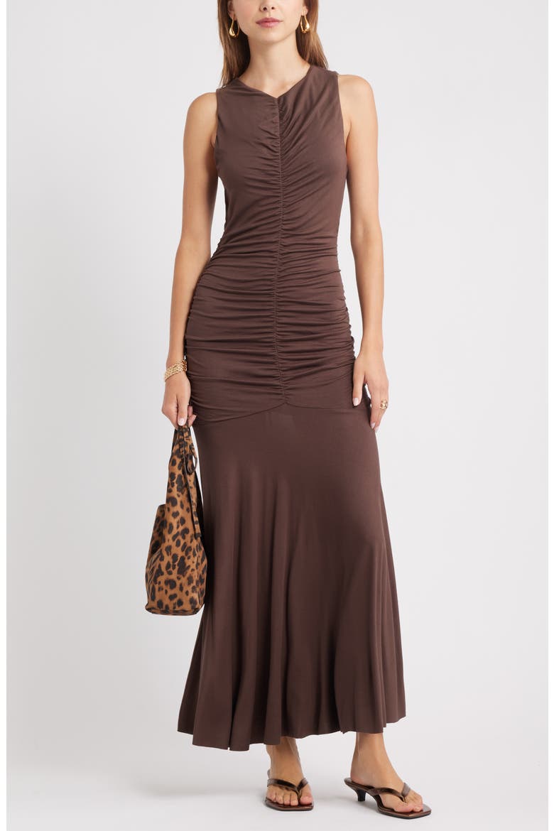 Ruched Sleeveless Maxi Dress, Main, color, BROWN SEAL