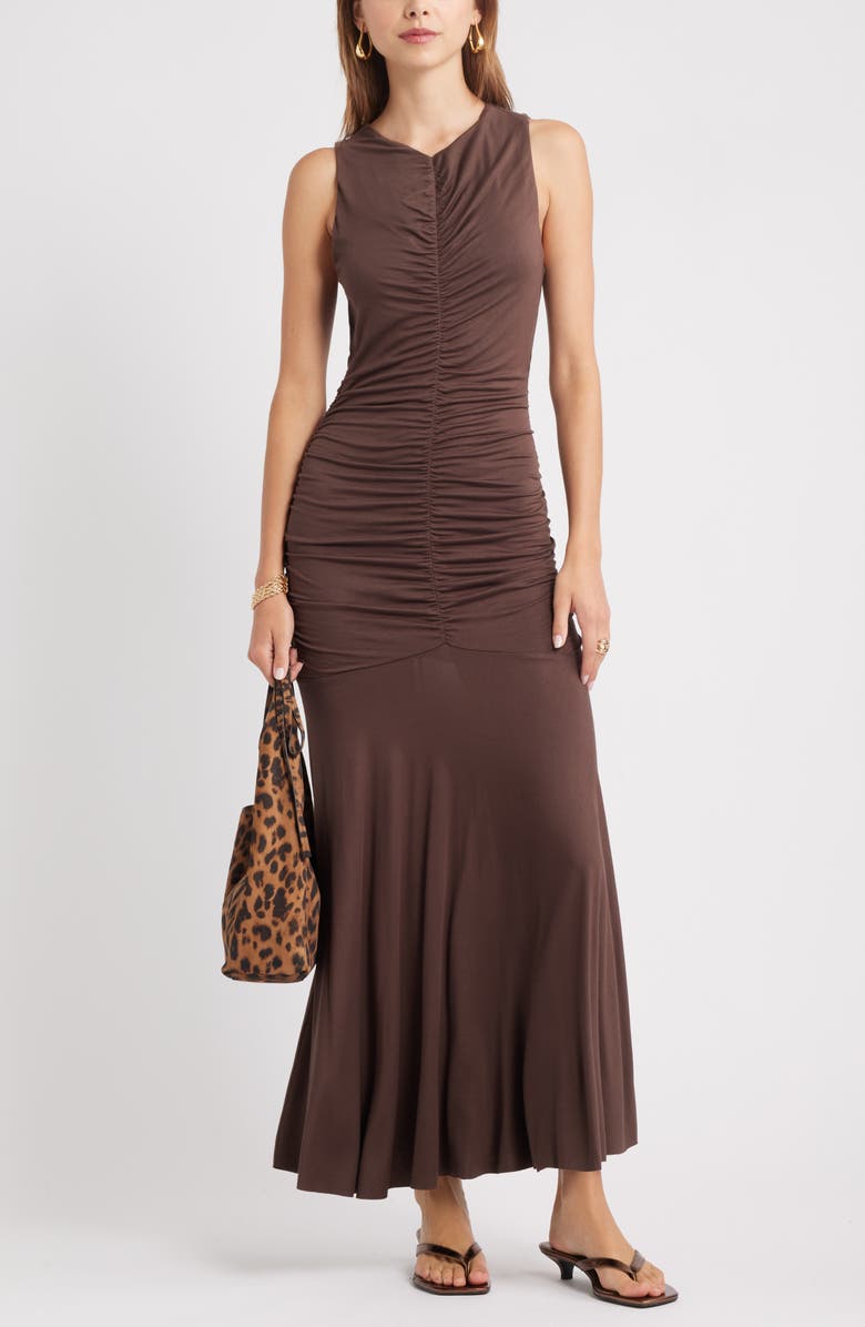 Open Edit Ruched Sleeveless Maxi Dress, Main, color, Brown Seal