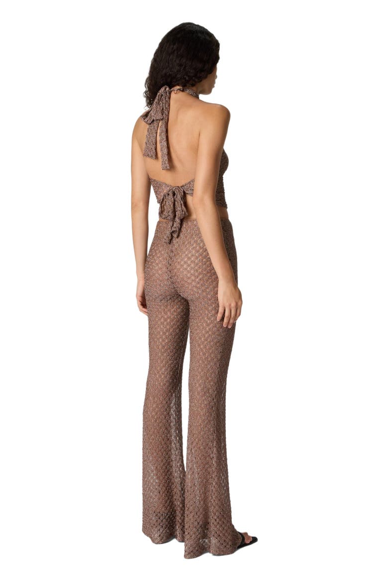 Scarf Top In Lamé Viscose With Spiderweb Motif, Alternate, color, Brown