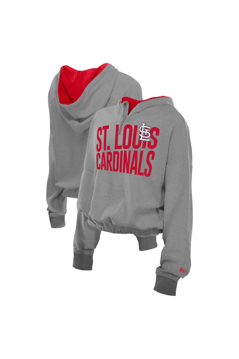 Women's New Era  Heather Gray St. Louis Cardinals Reversed Out French Terry Quarter-Zip Banded Crop Hoodie, Main, color, Heather Gray