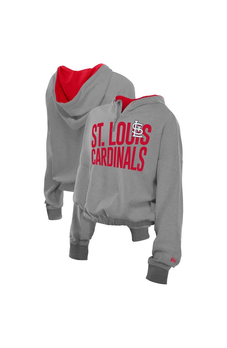 New Era Women's New Era  Heather Gray St. Louis Cardinals Reversed Out French Terry Quarter-Zip Banded Crop Hoodie, Main, color, Heather Gray