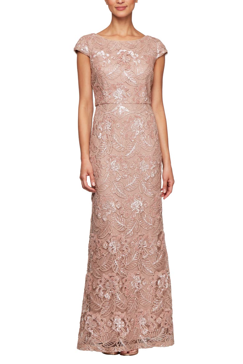 Beaded & Embroidered Evening Gown, Main, color, ROSE GOLD
