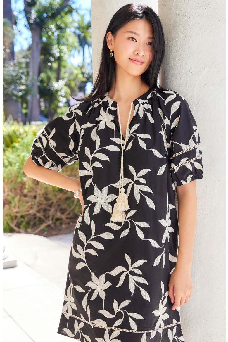 Floral Embroidered Puff Sleeve Cotton Shift Dress, Alternate, color, BLACK
