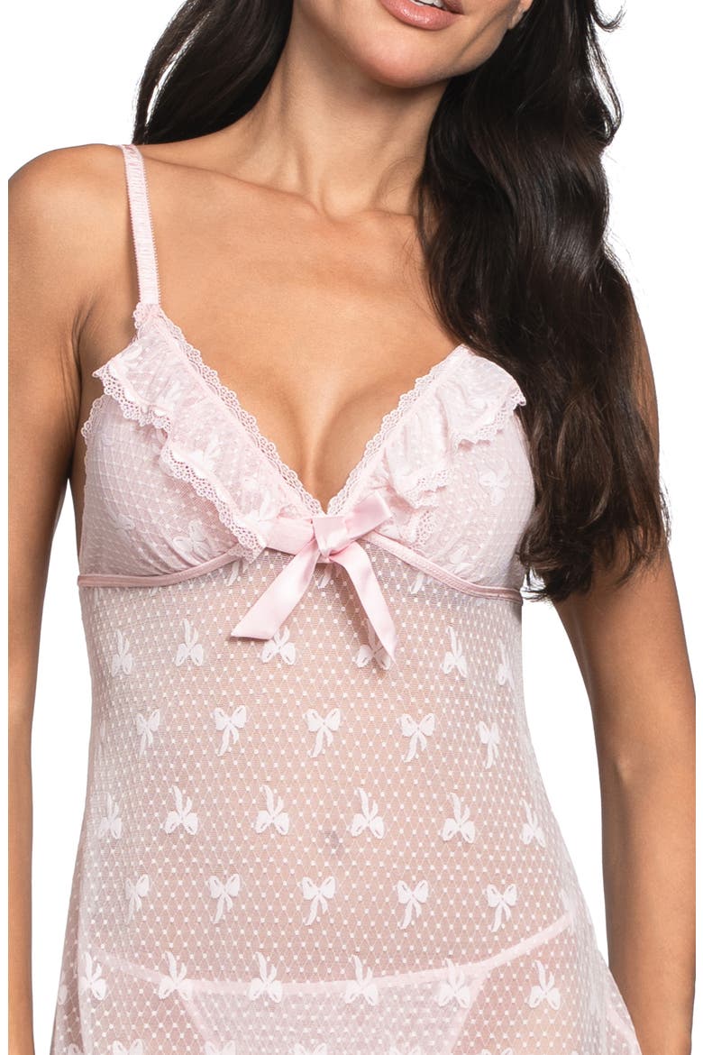 Maggie Bow Mesh Babydoll & G-String Set, Alternate, color, POWDER PINK