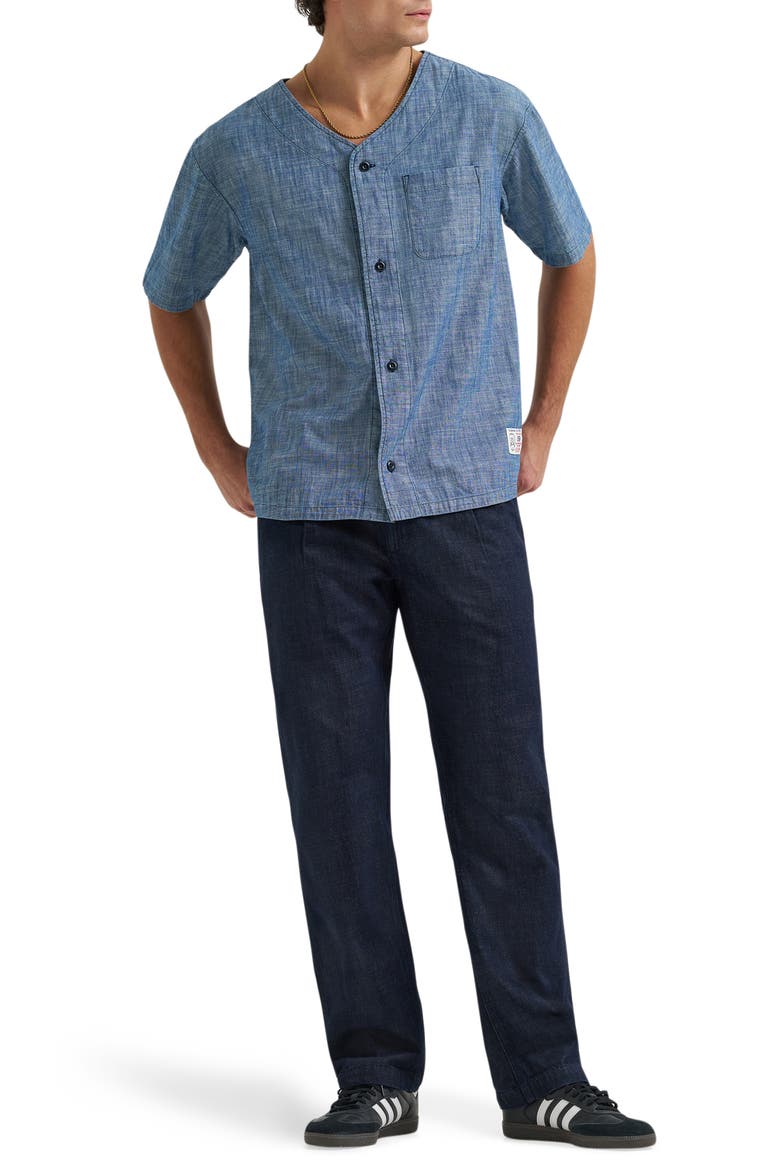 Chambray Button-Up Baseball Shirt, Alternate, color, LIGHT WASH CHAMBRAY