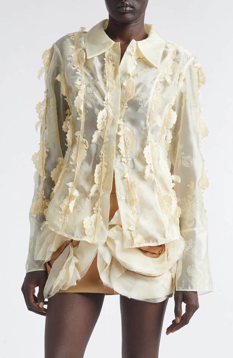 KIM SHUI Quiyona Lace Trim Sheer Silk Shirt, Main, color, Beige