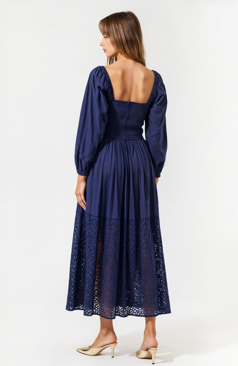 Modenaire Square-Neck Smocked Midi Dress with Long Sleeves and Eyelet Hem, Alternate, color, Navy Blue