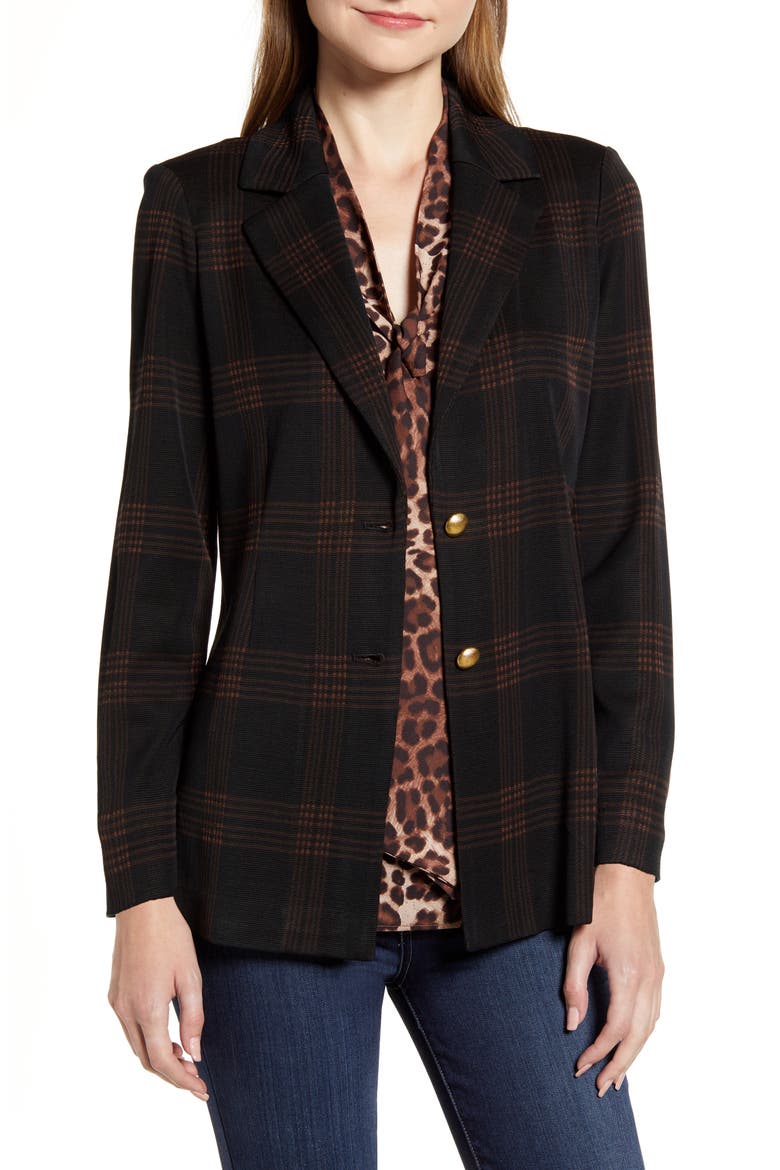 Check Knit Jacket, Main, color, BLACK/ COFFEE/ COGNAC