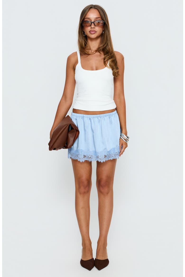 Orlynn Satin Lace Trim Miniskirt, Alternate, color, BLUE