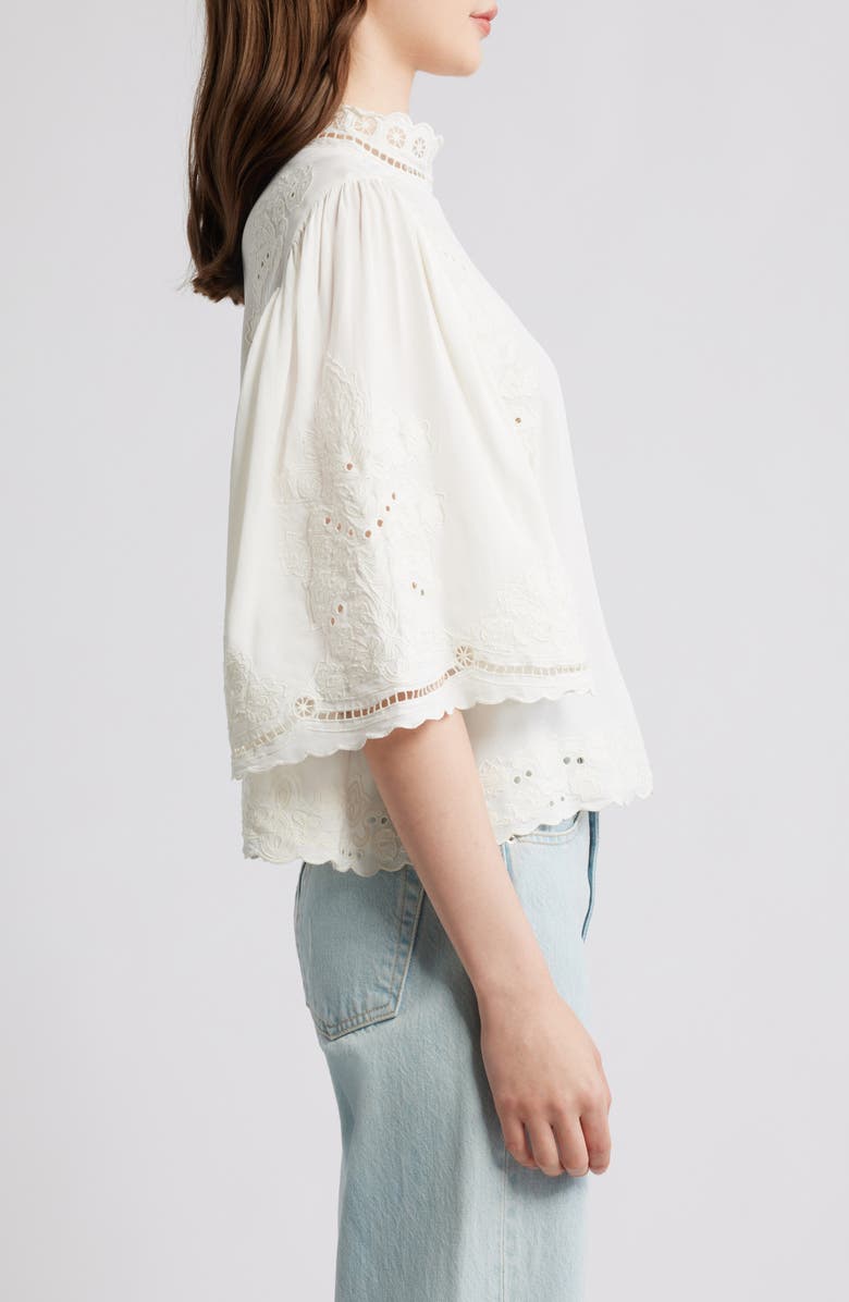 FARM Rio Palm Tree Embroidered Eyelet Mock Neck Top, Alternate, color, Off-White