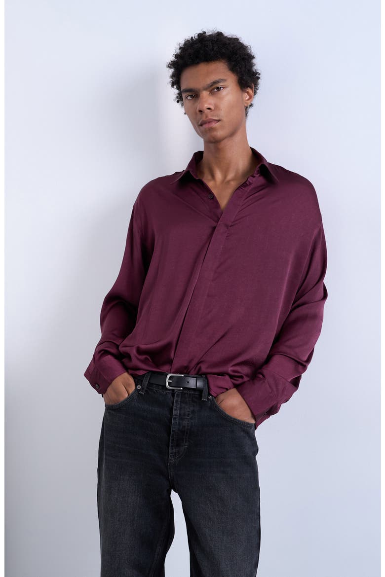 Oversize Sateen Button-Up Shirt, Alternate, color, BURGUNDY