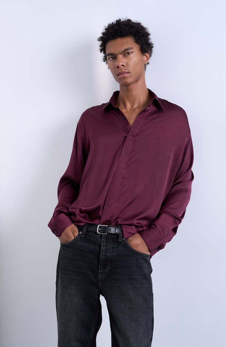Topman Oversize Sateen Button-Up Shirt, Alternate, color, Burgundy