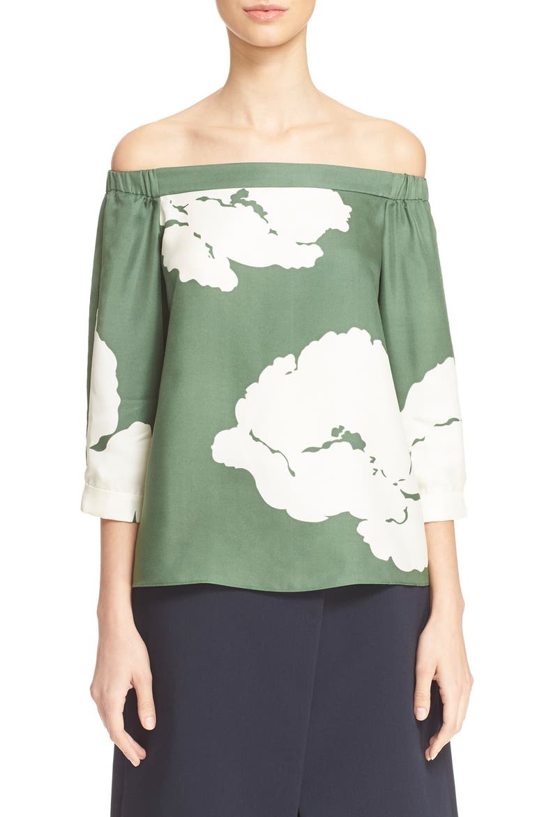 'Amara' Floral Print Off the Shoulder Silk Top, Main, color, VINE GREEN MULTI