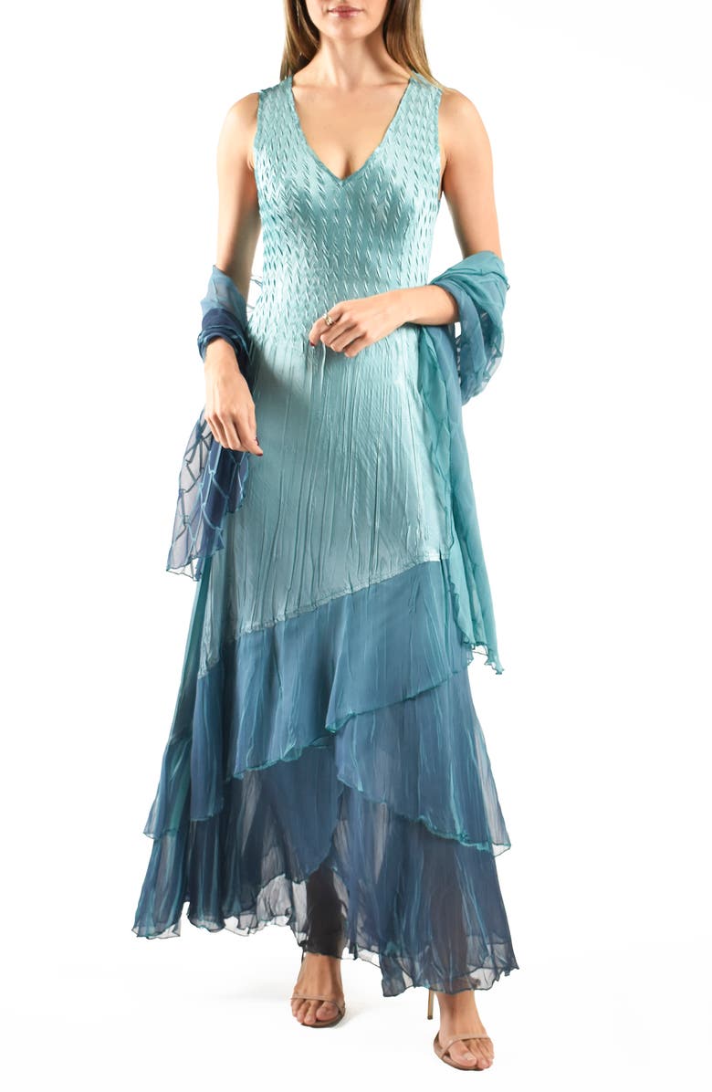 Komarov Tiered Charmeuse & Chiffon Cocktail Dress with Shawl, Main, color, Marine Night Ombre