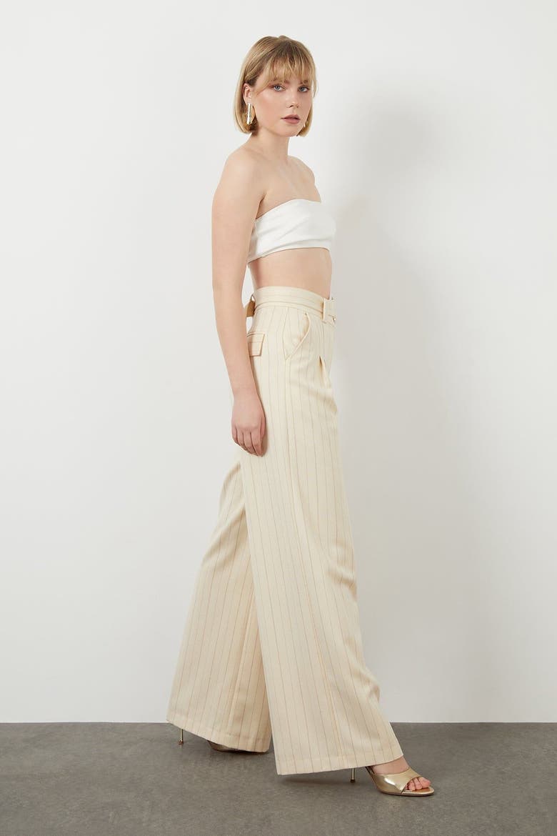 Belted Wide-Leg Striped Off-White Tailored Pants, Alternate, color, Beige