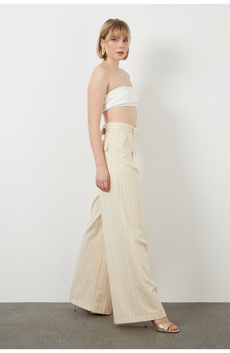 Gizia Belted Wide-Leg Striped Off-White Pants, Alternate, color, Beige
