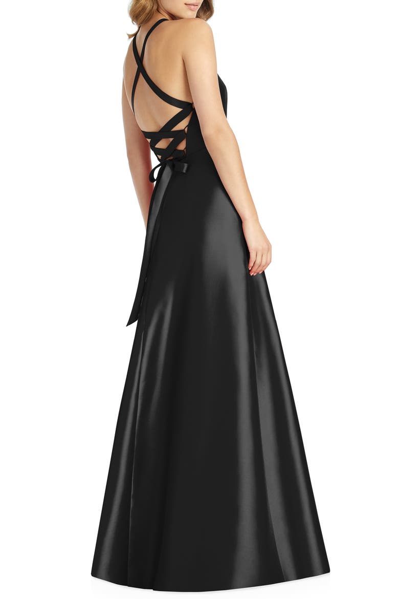 Lace-Up Back Satin Twill A-Line Gown, Alternate, color, BLACK