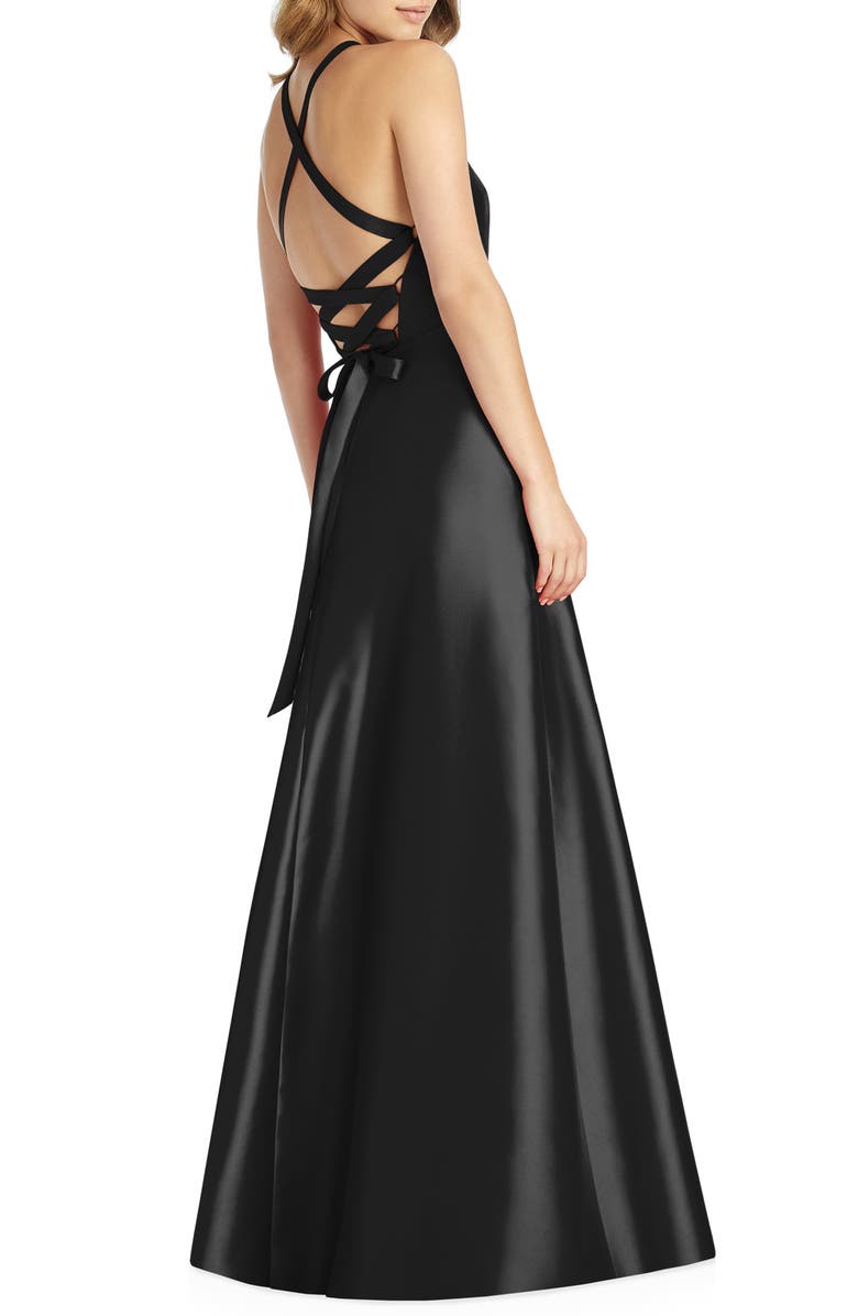 Alfred Sung Lace-Up Back Satin Twill A-Line Gown, Alternate, color, 