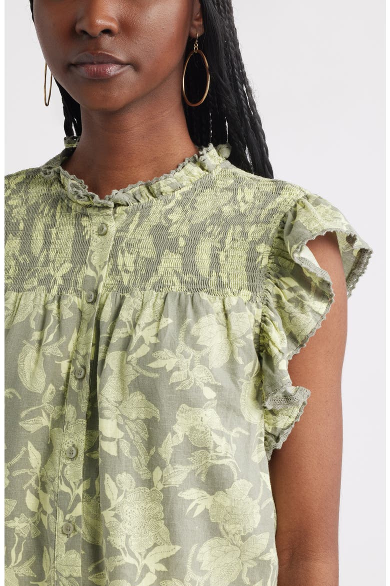 Smocked Yoke Linen Blend Shirt, Alternate, color, OLIVE- GREEN JILL BLOOM