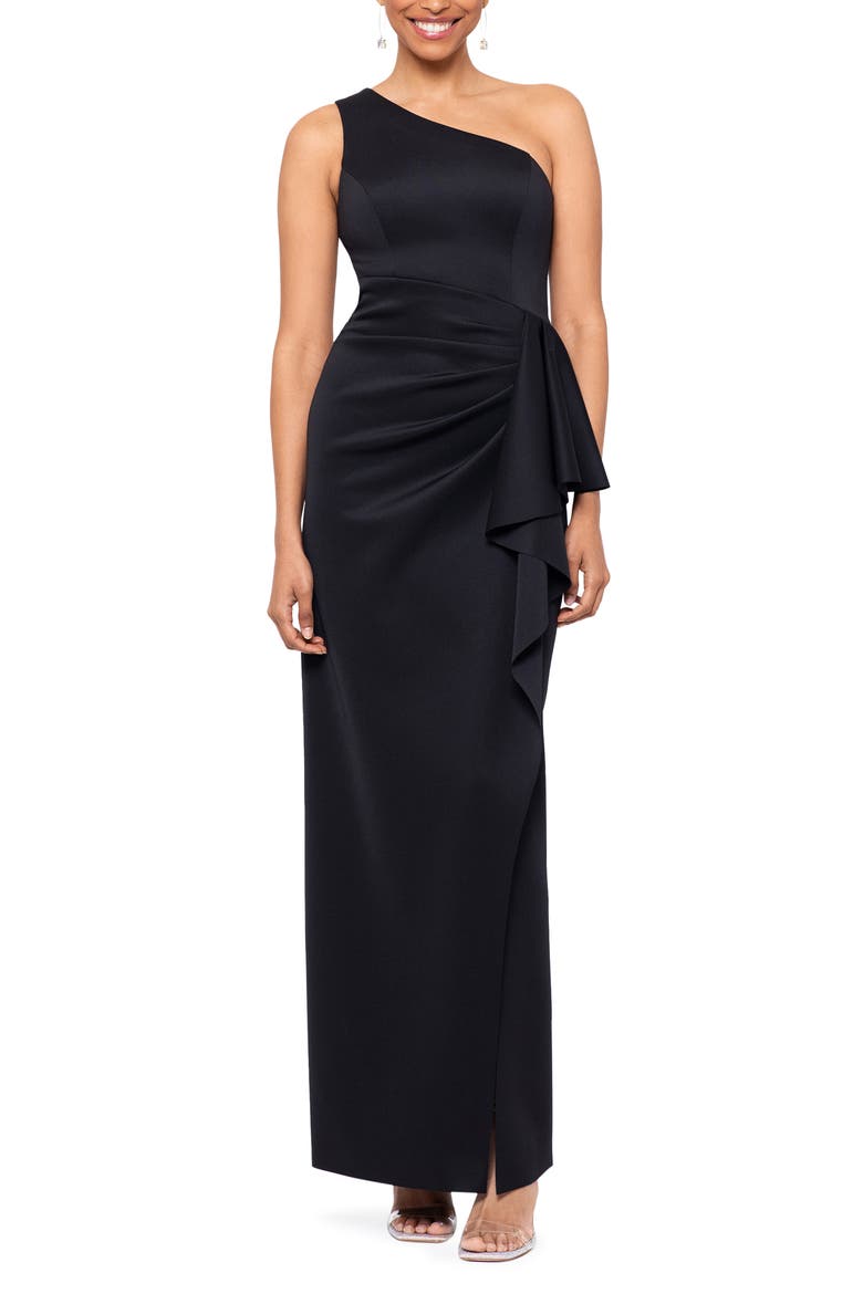 One-Shoulder Ruffle Scuba Crepe Gown, Main, color, BLACK