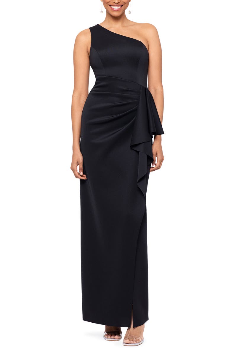 Xscape Evenings One-Shoulder Ruffle Scuba Knit Gown, Main, color,