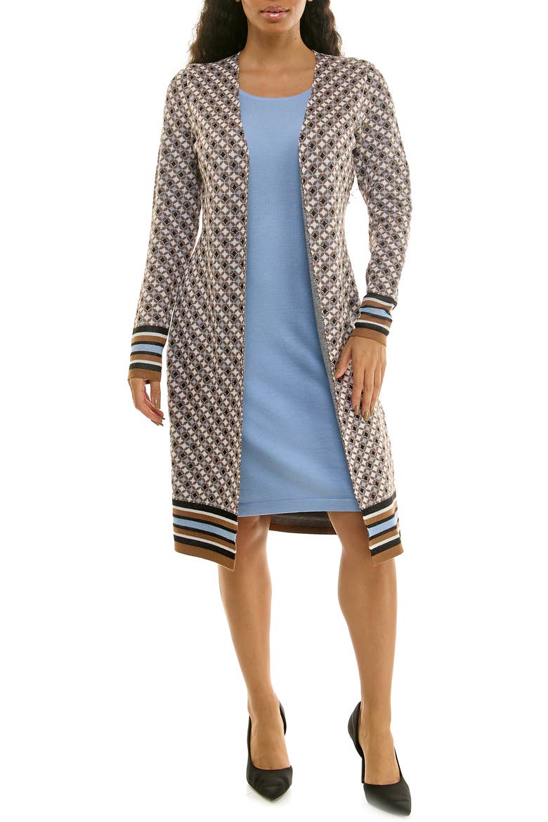 Shift Dress & Jacquard Cardigan Set, Main, color, CINNAMON MULTI/LIGHT BLUE