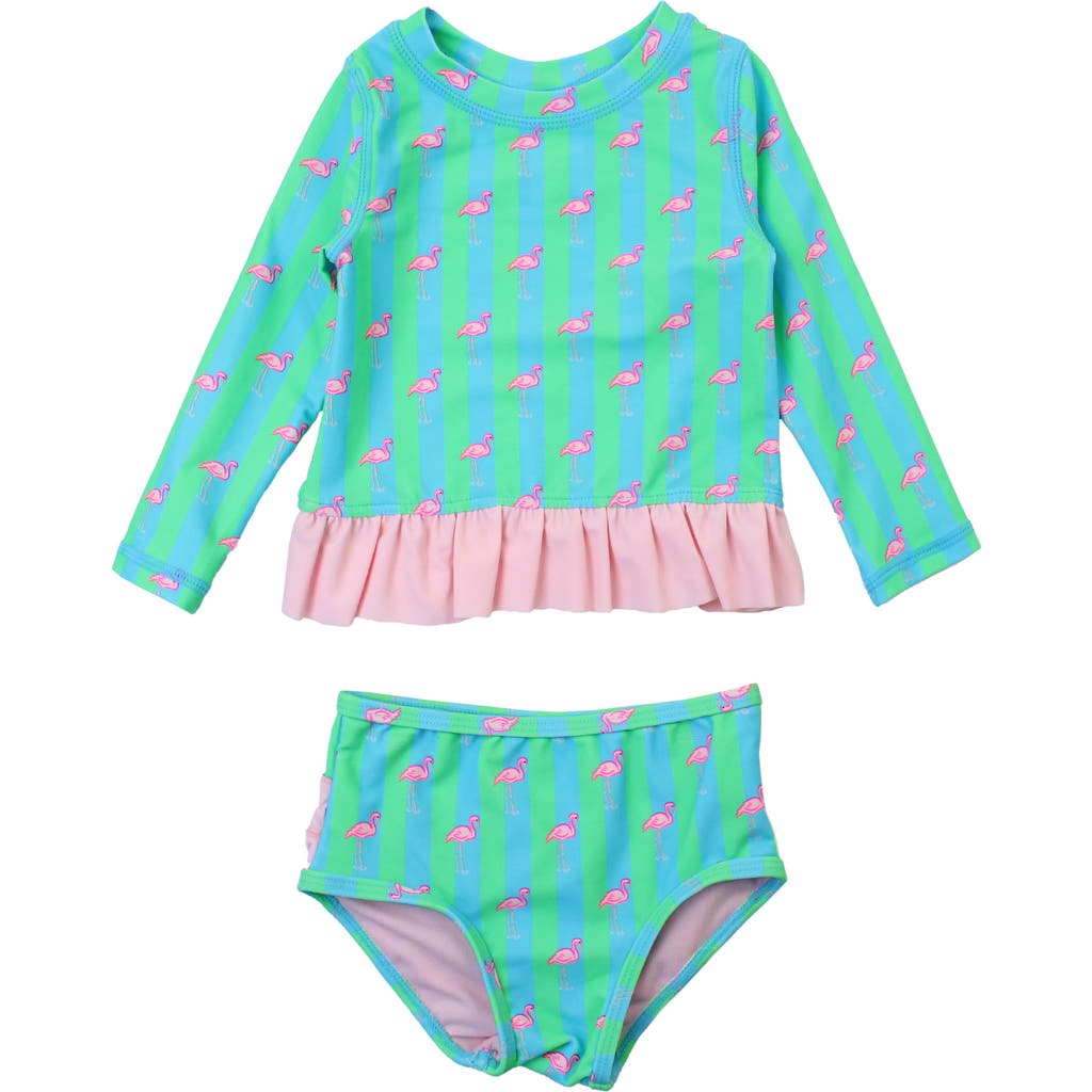 Rufflebutts Baby Girls Upf50+ Long Sleeve Rash Guard Bikini In Neon Flamingo Stripe