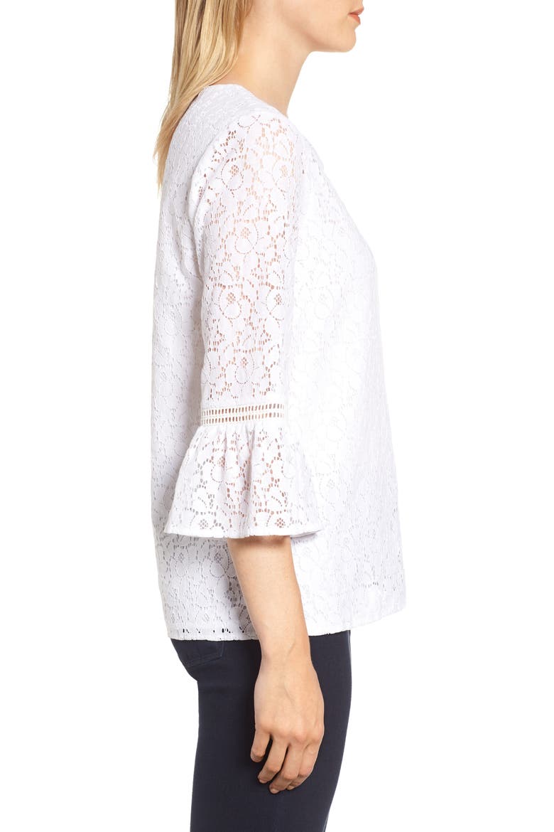 Gibson x Glam Squad Erin Allover Lace Bell Sleeve Top (Nordstrom Exclusive), Alternate, color, WHITE