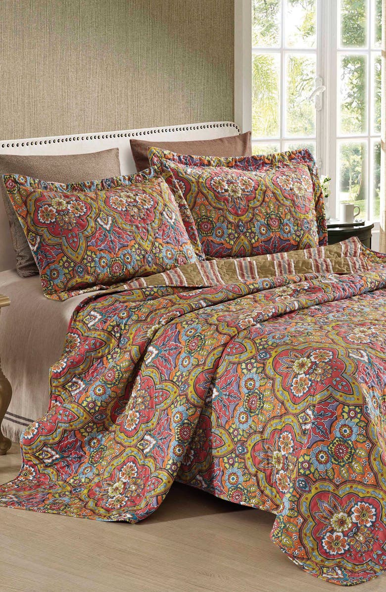 Luxury Home Floral Print Quilt & Sham Set, Main, color, Jade