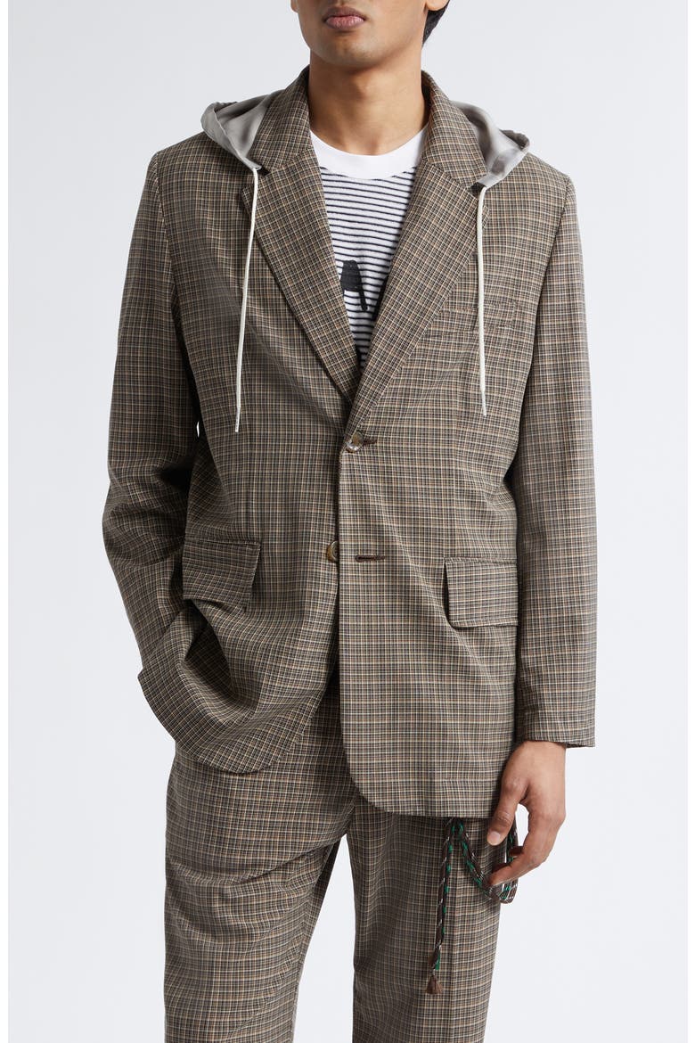 Square Glen Plaid Single Breasted Blazer with Drawstring Hood, Main, color, BROWN