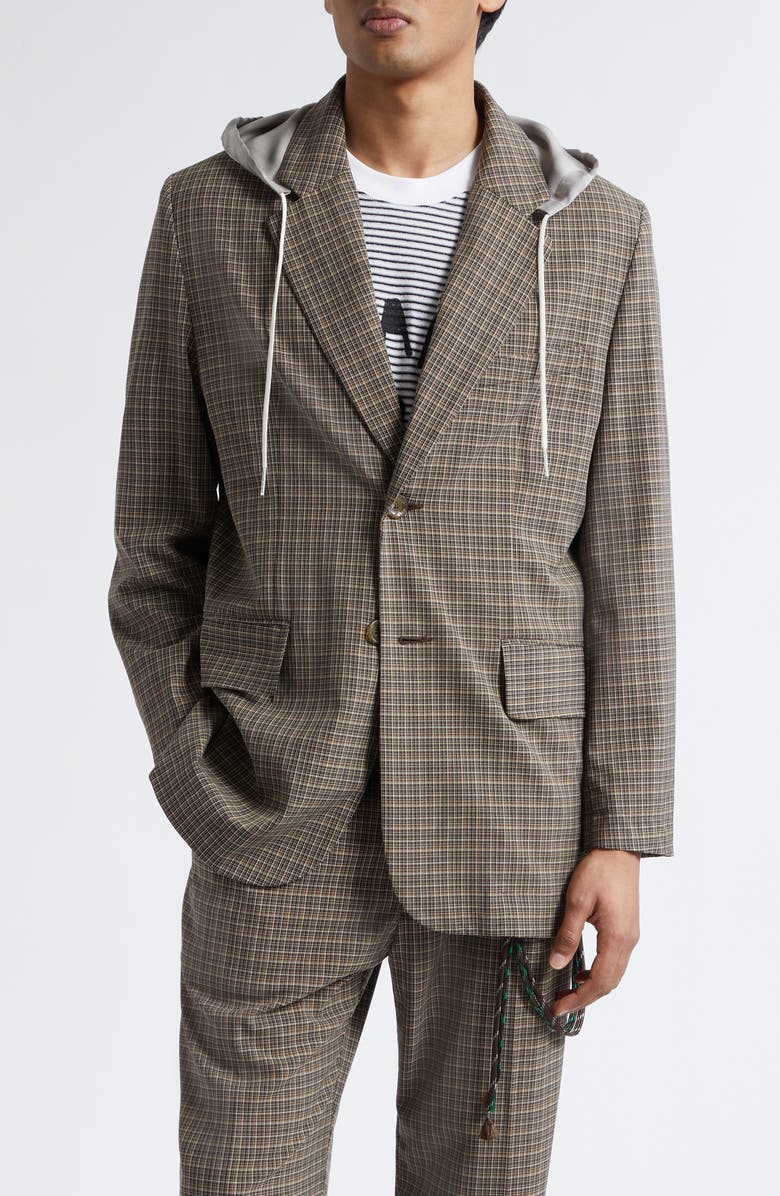SONG FOR THE MUTE Square Glen Plaid Single Breasted Blazer with Drawstring Hood, Main, color, Brown