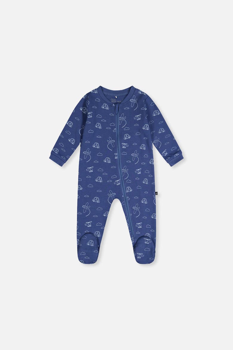 Transport Organic Cotton Front Zipper Footed One Piece Pajama, Main, color, Blue Printed Transport