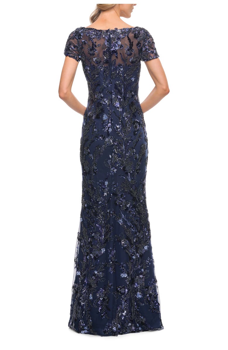 La Femme Stunning Beaded Long Gown with V Neckline, Alternate, color, Navy