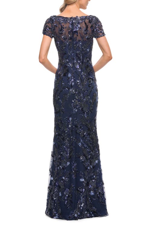 La Femme Stunning Beaded Long Gown With V Neckline In Navy