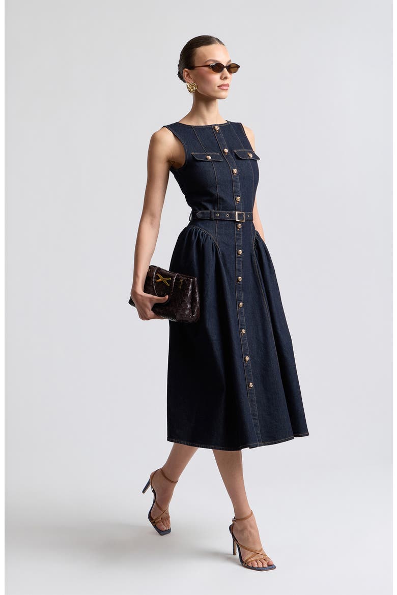 Belted Sleeveless Denim Dress, Alternate, color, DARK RINSE