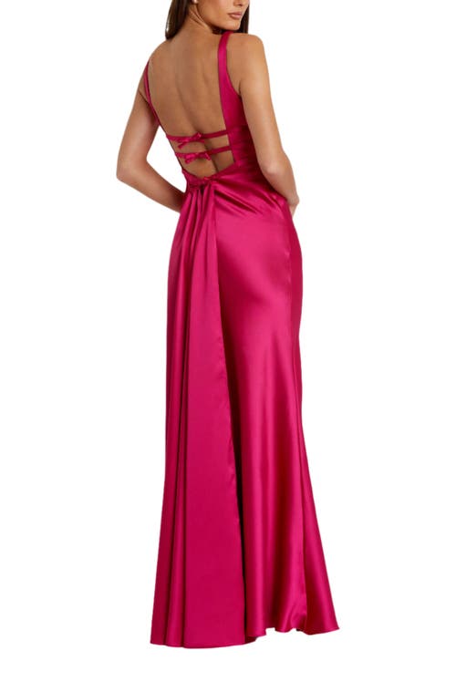Mac Duggal Sleeveless V Neck Satin Gown With Bow Details In Raspberry