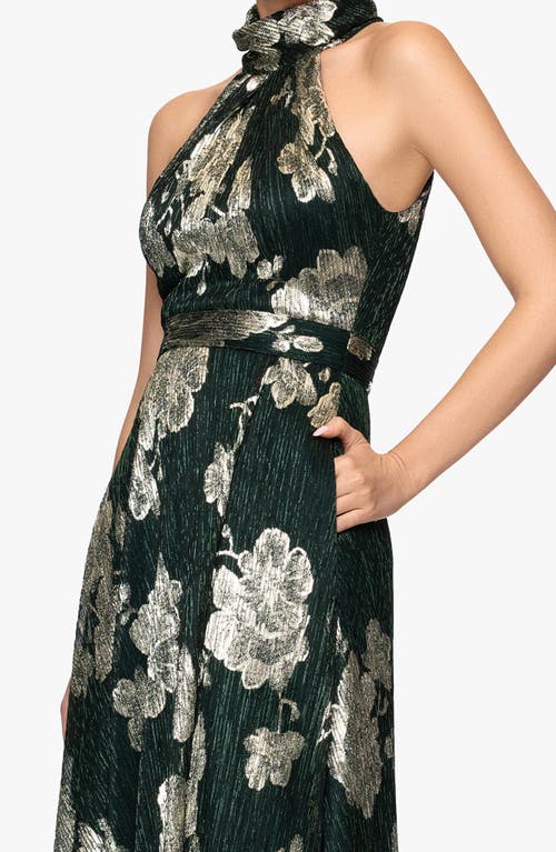 Betsy & Adam Crinkle Metallic Floral Gown In Brown
