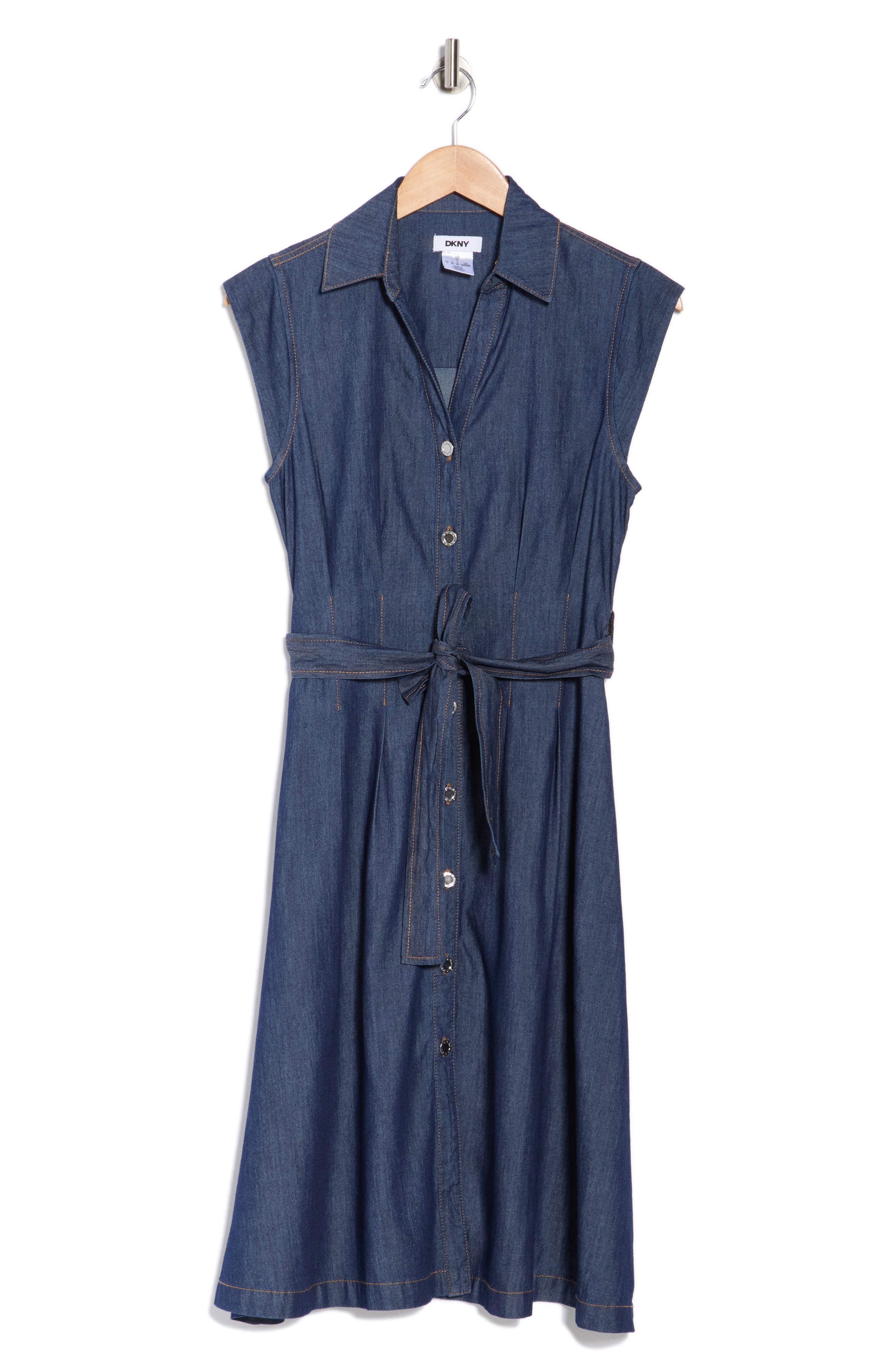 DKNY Cap Sleeve Tie Waist Denim Shirtdress