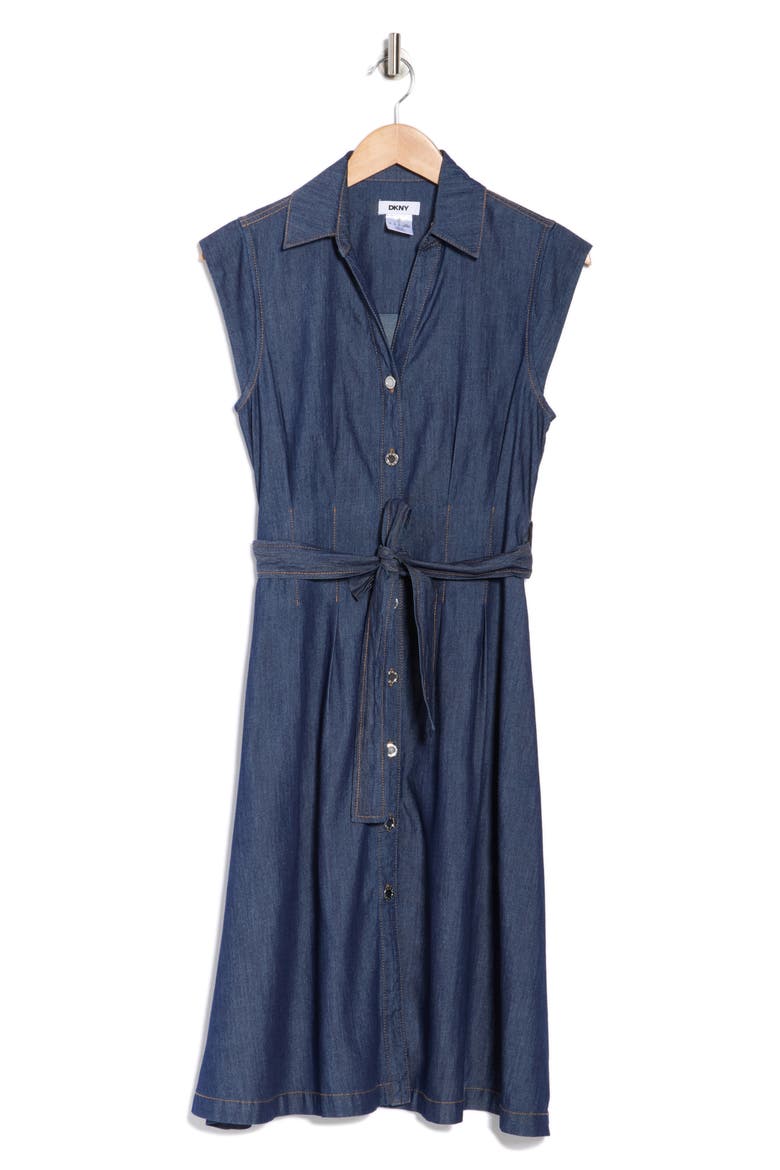 Cap Sleeve Tie Waist Denim Shirtdress, Alternate, color, DARK BENSO