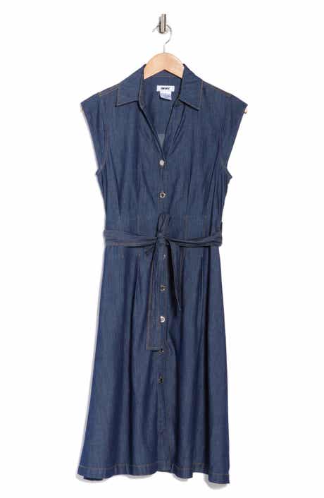 DKNY Cap Sleeve Tie Waist Denim Shirtdress