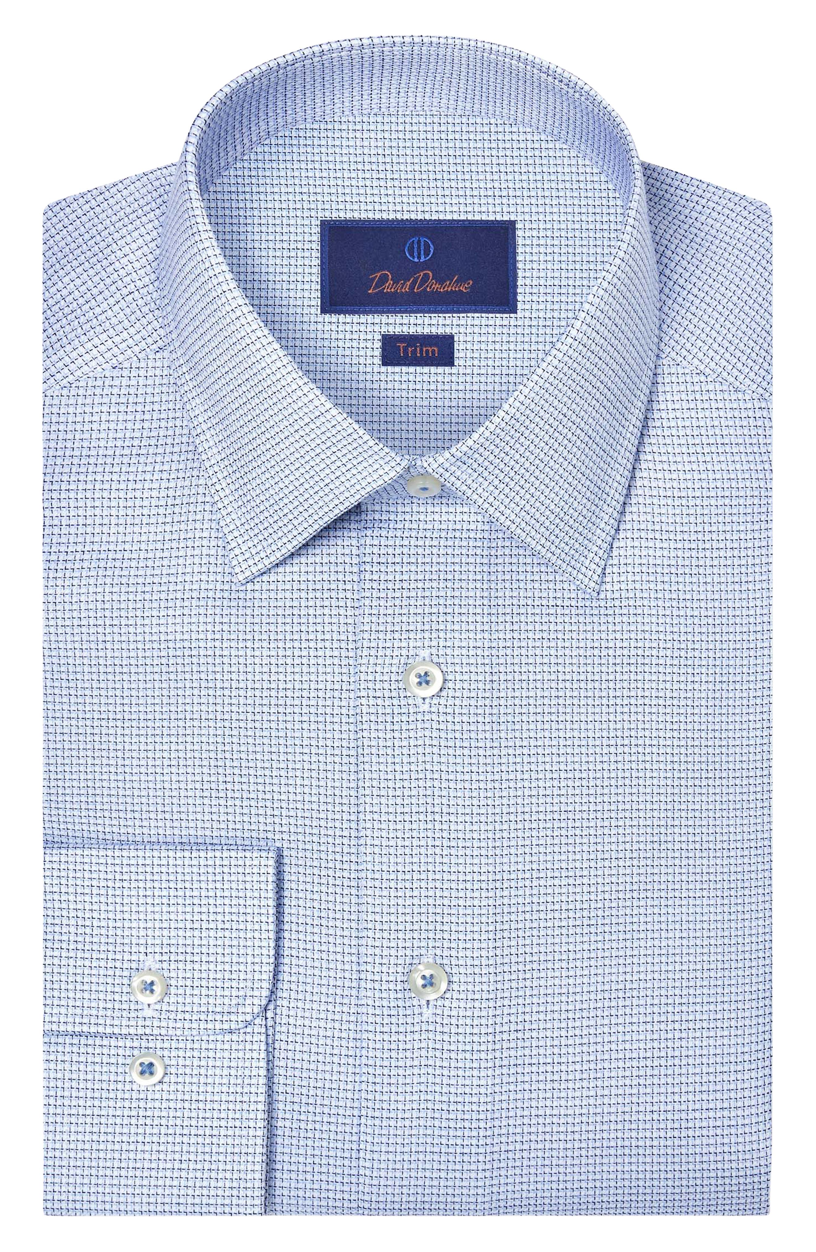 Trim Fit Light Light Blue Microcheck Stretch Cotton Twill Dress Shirt