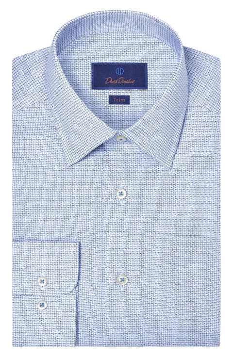 Trim Fit Light Light Blue Microcheck Stretch Cotton Twill Dress Shirt