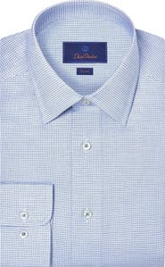 David Donahue Trim Fit Light Light Blue Microcheck Stretch Cotton Twill Dress Shirt
