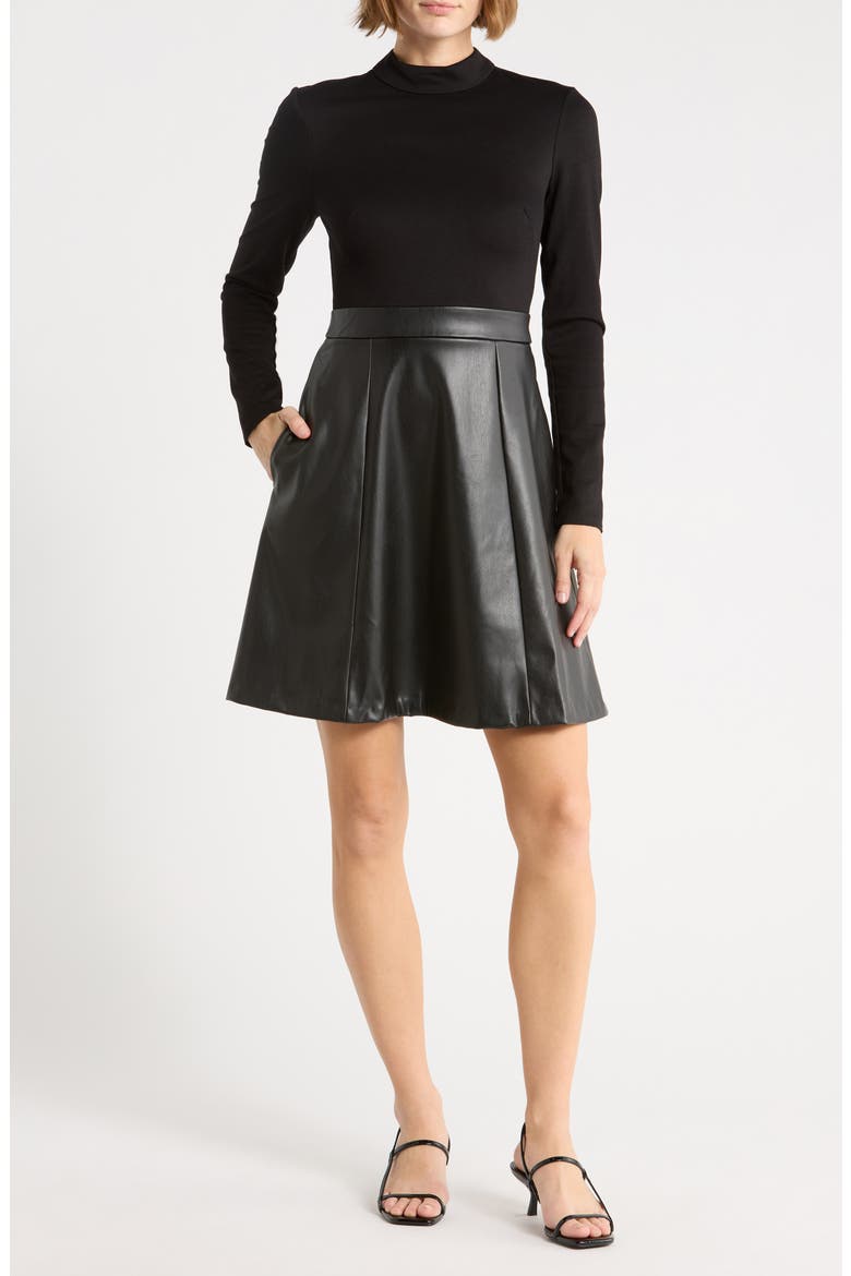 Long Sleeve Mixed Media Dress, Main, color, BLACK