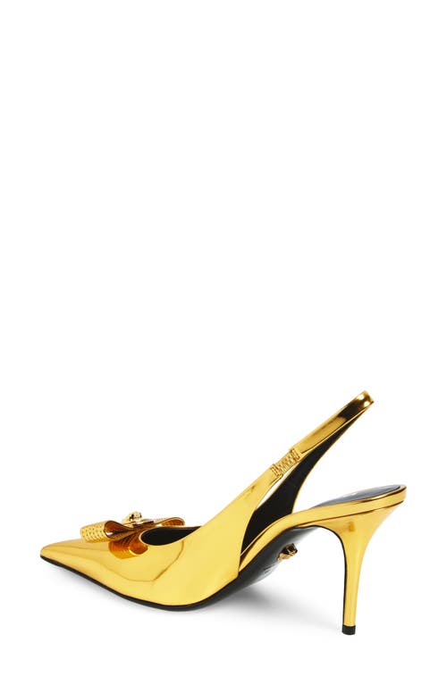 Versace Medusa Bow Metallic Pointed Toe Slingback Pump In Gold